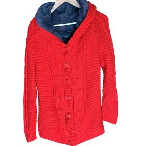 Womens Red Cable Knit Hooded Cardigan Faux Fur‎ Lined Button Front Cozy Sweater